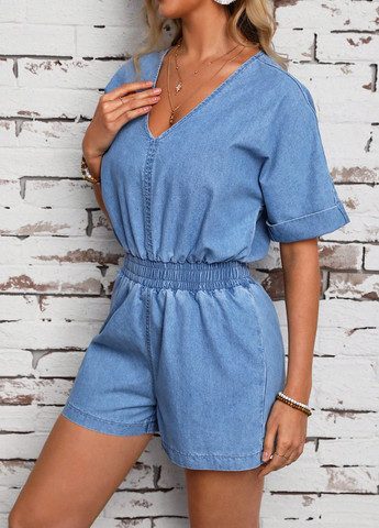 Комбинезон SHEIN комбинезон-шорты однотонный светло-синий денил хлопок, джинс