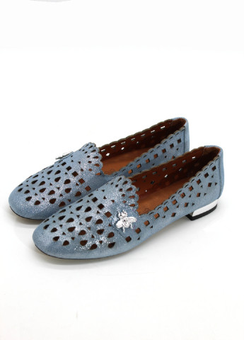 Голубые женские классические туфли с брошкой, с глиттером, с перфорацией на низком каблуке турецкие - фото