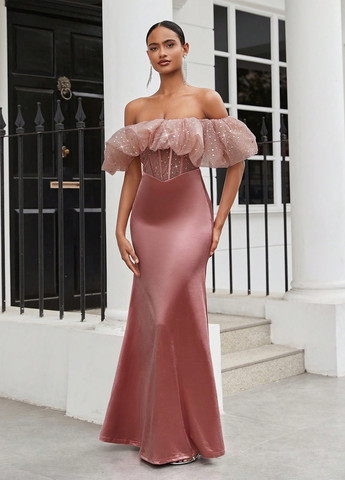 Розовое вечернее платье с открытыми плечами, с корсетом SHEIN однотонное
