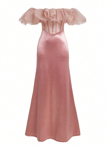 Розовое вечернее платье с открытыми плечами, с корсетом SHEIN однотонное