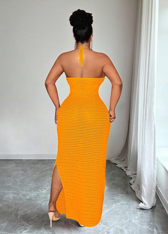 Жовтий пляжна сукня силуетна, з відкритими плечима, з відкритою спиною SHEIN однотонна