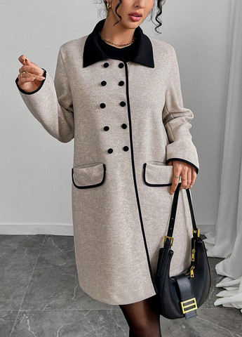 Сіро-бежеве демісезонне Пальто двобортне SHEIN