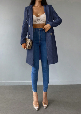 Темно-синее демисезонное Пальто двубортное SHEIN