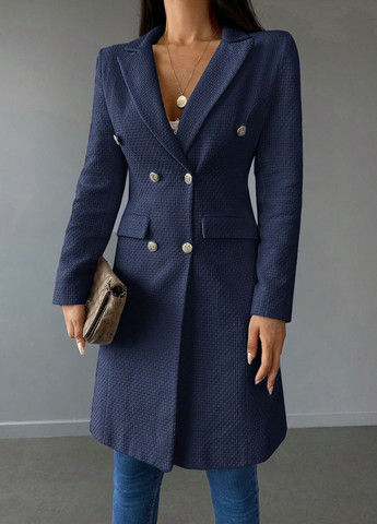 Темно-синее демисезонное Пальто двубортное SHEIN