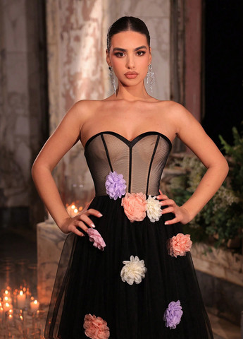 Чорна вечірня сукня з спідницею-сонце, з корсетом, з відкритими плечима SHEIN однотонна