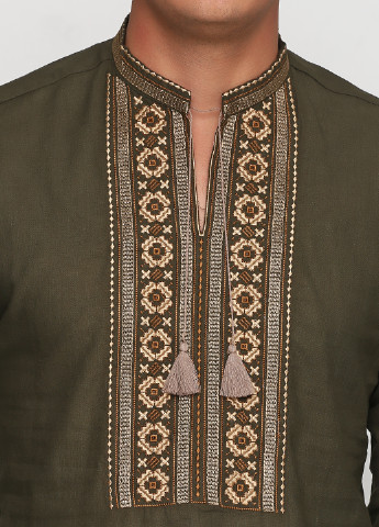 Вышиванка ЕтноМодерн Рубашка орнамент оливковая кэжуал лен