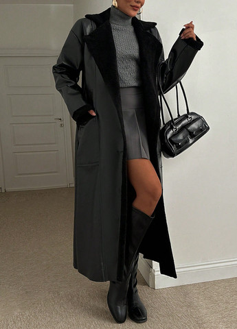 Чорне демісезонне Пальто двобортне SHEIN