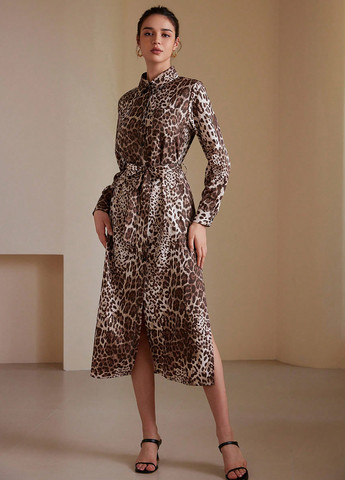 Коричневое праздничный, вечернее, деловое, кэжуал платье а-силуэт, рубашка SHEIN леопардовый
