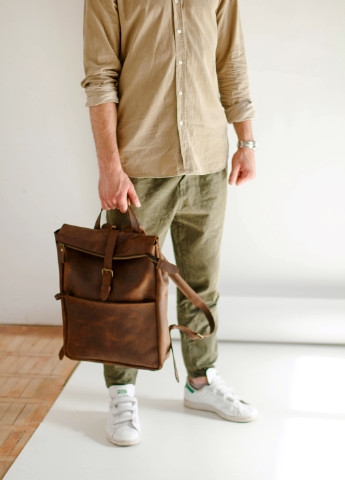 Місткий чоловічий міський рюкзак ручної роботи з натуральної вінтажної шкіри коричневого кольору Boorbon (253351902)
