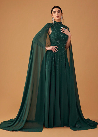 Темно-зеленое вечернее платье клеш, платье-кейп SHEIN однотонное