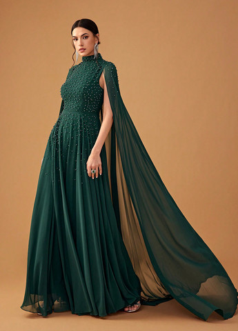 Темно-зеленое вечернее платье клеш, платье-кейп SHEIN однотонное