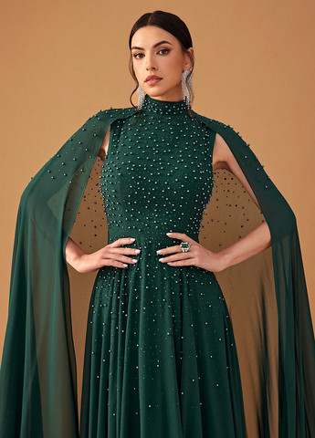 Темно-зеленое вечернее платье клеш, платье-кейп SHEIN однотонное