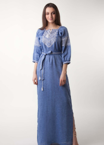 Длинное платье с вышивкой BeART Твори мир украинская символика светло-синяя кэжуал лен