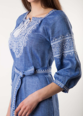Длинное платье с вышивкой BeART Твори мир украинская символика светло-синяя кэжуал лен