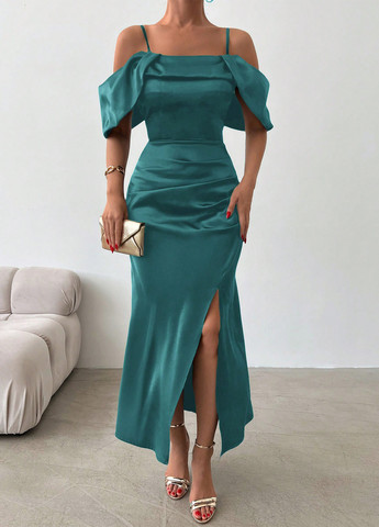 Морской волны вечернее платье с открытыми плечами SHEIN однотонное