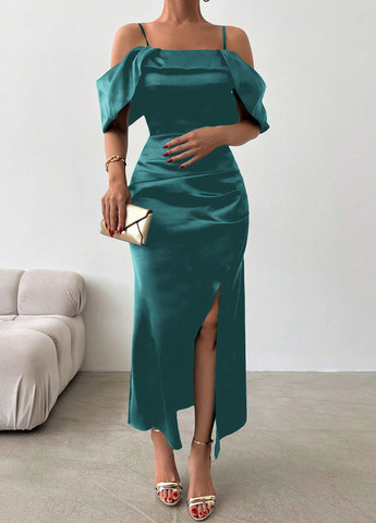 Морской волны вечернее платье с открытыми плечами SHEIN однотонное