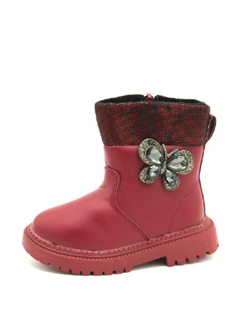 Детские красные зимние кэжуал ботинки с камнями, с брошкой для девочки