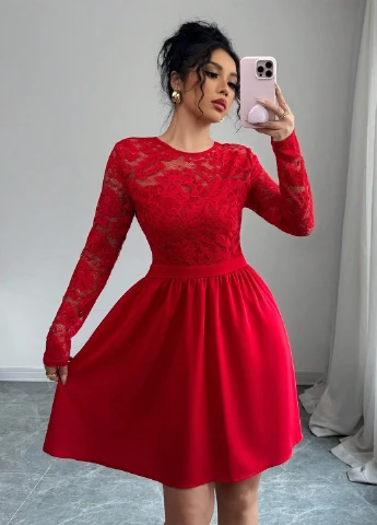 Красное коктейльное, вечернее платье клеш SHEIN однотонное