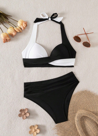 Чорно-білий літній купальник (ліф, трусики) балконет, роздільний SHEIN