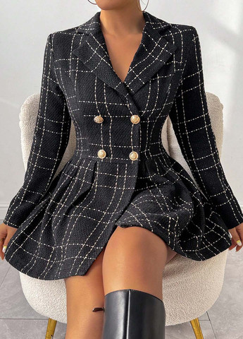 Чорна кежуал, ділова сукня кльош, сукня-жакет, на запах SHEIN в клітинку