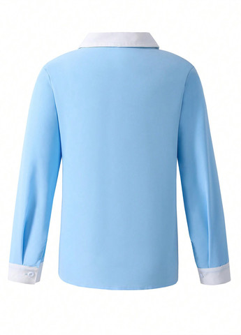 Голубой классическая рубашка колор блок SHEIN