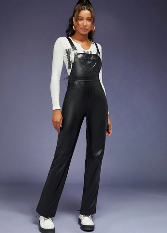 Комбінезон SHEIN комбінезон-брюки однотонний чорний кежуал поліестер, штучна шкіра