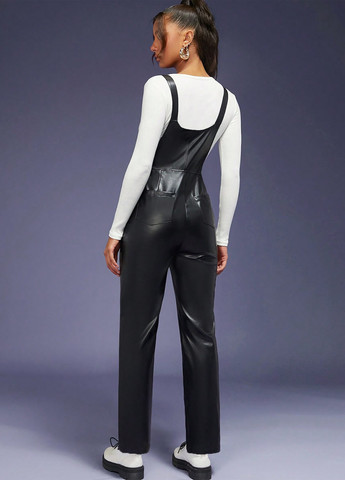 Комбінезон SHEIN комбінезон-брюки однотонний чорний кежуал поліестер, штучна шкіра