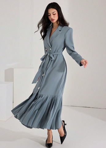 Голубое деловое, кэжуал платье платье-жакет SHEIN однотонное