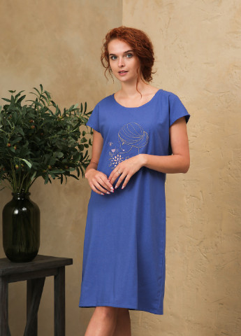 Синя кежуал льняна пряма сукня з вишивкою спереду INNOE однотонна