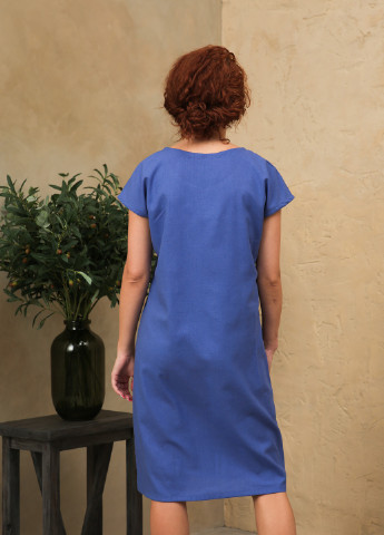 Синее кэжуал льняное прямое платье с вышивкой спереди INNOE однотонное