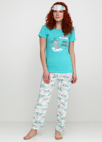 Бірюзова всесезон пижама (футболка, брюки, маска для сна) Rinda Pijama