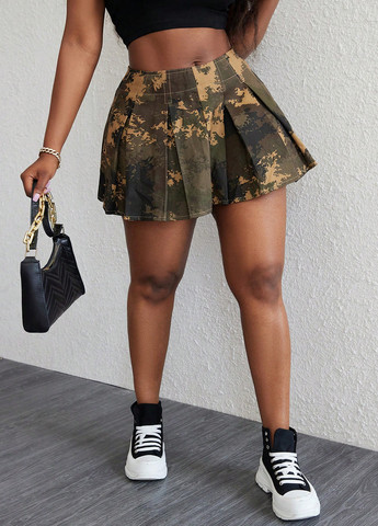 Коричневая кэжуал камуфляжная юбка SHEIN а-силуэта (трапеция), плиссе