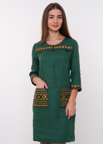 Бутылочное зеленое кэжуал платье Vyshyvanka с орнаментом