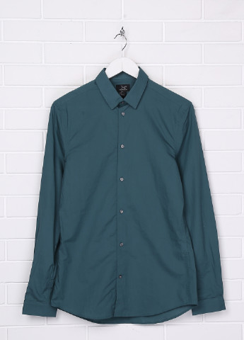 Темно-бирюзовая кэжуал рубашка однотонная H&M с длинным рукавом