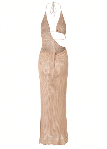Бежевое пляжное платье с открытой спиной SHEIN однотонное