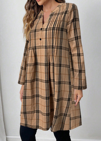 Светло-коричневое кэжуал платье а-силуэт, рубашка SHEIN в клетку