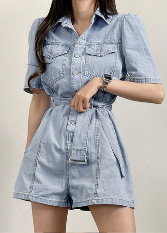 Комбінезон SHEIN комбінезон-шорти варенка світло-блакитний джинсовий, кежуал бавовна, джинс