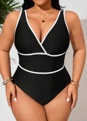 Чорно-білий літній купальник суцільний, майо SHEIN