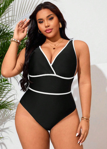 Чорно-білий літній купальник суцільний, майо SHEIN