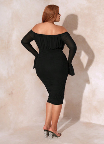 Чорна коктейльна, вечірня сукня з відкритими плечима SHEIN однотонна