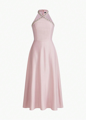 Розовое праздничный, коктейльное, вечернее платье в греческом стиле, клеш, с открытыми плечами SHEIN однотонное