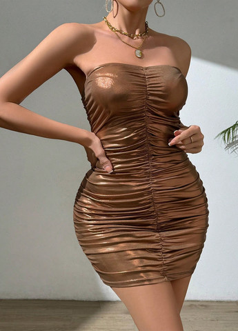 Золотистий коктейльна сукня силуетна, з відкритою спиною, з відкритими плечима SHEIN однотонна