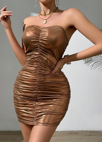 Золотистий коктейльна сукня силуетна, з відкритою спиною, з відкритими плечима SHEIN однотонна