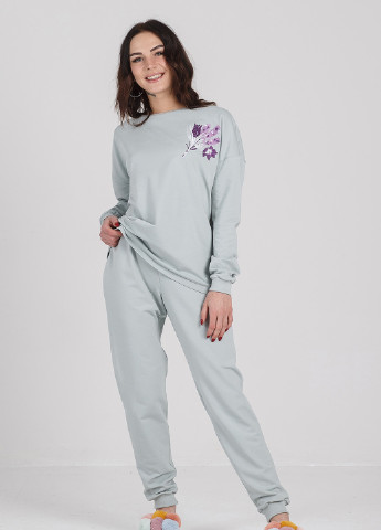 Мятная всесезон пижама трикотажная с вышивкой мятная свитшот + брюки SONTSVIT
