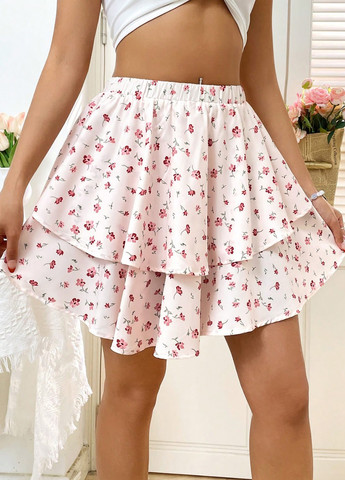 Светло-розовая кэжуал цветочной расцветки юбка SHEIN клешированная-солнце