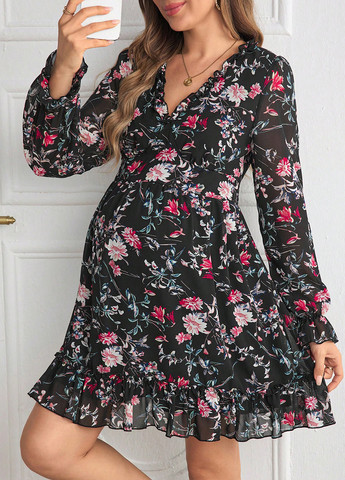 Черное кэжуал, праздничный платье для беременных а-силуэт SHEIN с цветочным принтом