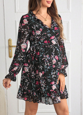 Черное кэжуал, праздничный платье для беременных а-силуэт SHEIN с цветочным принтом