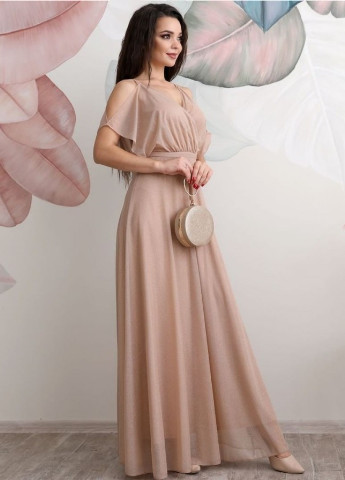 Бежевое вечернее платье а-силуэт, с юбкой-солнце Militon однотонное