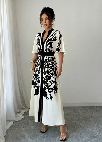 Чорно-білий святковий, вечірня сукня а-силует SHEIN з квітковим принтом