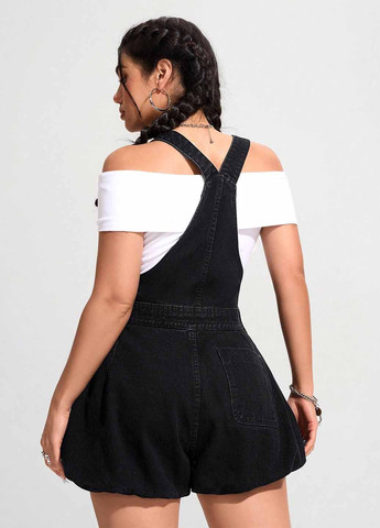Комбинезон SHEIN комбинезон-шорты однотонный чёрный денил, кэжуал хлопок, джинс